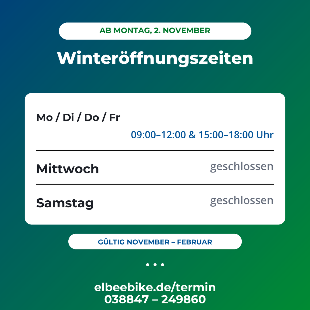 Winteröffnungszeiten ab 2. November bei Elbe eBike